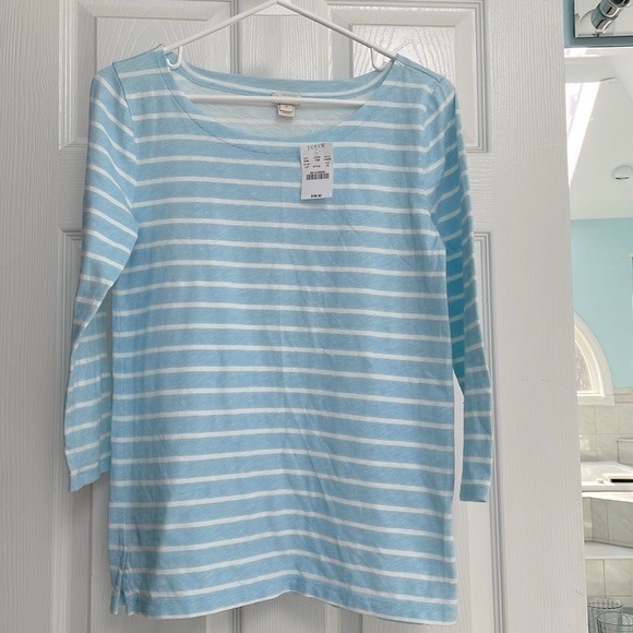 J. CREW T-shirt NWT crewneck stripes light blue and white 3/4 sleeves womens XS - Picture 1 of 9